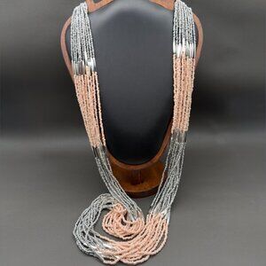 Linea Louis Dell'Olio Multi Strand Seed Bead Long Peach Pink Silver Necklace